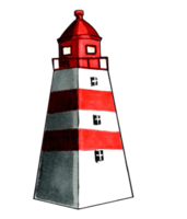 Lighthouse with white and red stripes.  PNG illustration marine life.