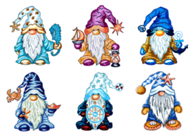 Set of 6 sea gnomes with accessories. PNG illustration with transparent background. For stickers, creating patterns,  wallpaper, wrapping paper, postcards, design template, fabric, clothing.