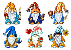 Set of 6 cute gnomes with accessories in blue clothes.PNG illustration with transparent background. For stickers, creating patterns,  wallpaper, wrapping paper, postcards, design template, fabric. png