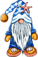 Gnome  in a cap with blue sea stripes and a starfish.  PNG illustration.