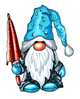 Gnome in a blue cap with raindrop and a black cloak holding umbrella.  PNG illustration.