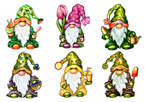 Set of 6 cute gnomes with accessories in green clothes. png