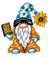 Gnome in a blue cap with bees and a sunflower, holding a honeycomb with honey. png