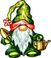 Gnome gardener in a green cap with a pink flower, a watering can and a garden  spatula in his hands. png