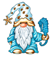 Gnome with marine accessories seahorse, starfish, seashells in aqua color. png