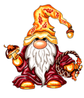 Gnome in a red cap with oak leaves, holding a mushroom and a basket of acorns. png
