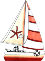 Yacht with brown-red striped sails. png