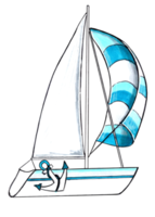 Yacht with aqua color striped sails.  PNG illustration marine life.