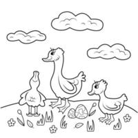 Cute duck with ducklings and eggs on the lawn. Black and white vector illustration.