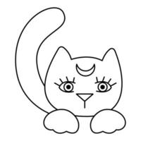 A cute face of a cat with a crescent moon on its forehead. Doodle vector illustration, clipart.