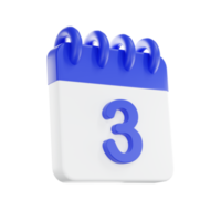 3d Renderização calendário ícone com uma dia do 3. azul e branco cor. png