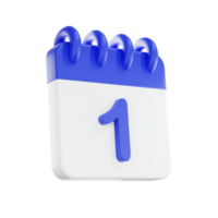 3d representación calendario icono con un día de 1. azul y blanco color. png