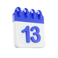 3d interpretazione calendario icona con un' giorno di 13. blu e bianca colore. png