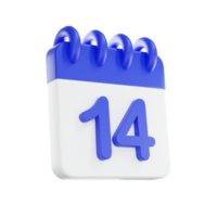 3d rendering calendar icon with a day of 14. Blue and white color. png