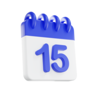 3d rendering calendar icon with a day of 15. Blue and white color. png