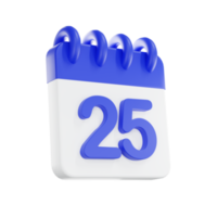 3d rendering calendar icon with a day of 25. Blue and white color. png