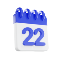 3d rendering calendar icon with a day of 22. Blue and white color. png