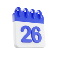 3d rendering calendar icon with a day of 26. Blue and white color. png