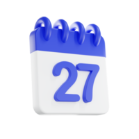 3d interpretazione calendario icona con un' giorno di 27. blu e bianca colore. png