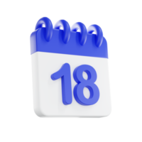 3d rendering calendar icon with a day of 18. Blue and white color. png