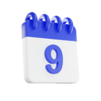 3d rendering calendar icon with a day of 9. Blue and white color. png