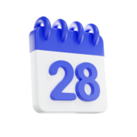 3d rendering calendar icon with a day of 28. Blue and white color. png