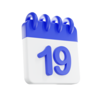 3d rendering calendar icon with a day of 19. Blue and white color. png