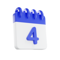 3d rendering calendar icon with a day of 4. Blue and white color. png