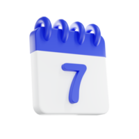 3d rendering calendar icon with a day of 7. Blue and white color. png