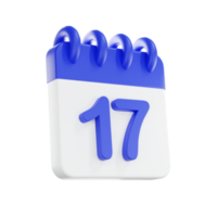 3d representación calendario icono con un día de 17 azul y blanco color. png