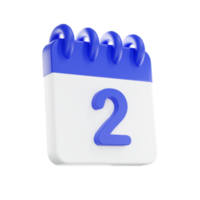 3d representación calendario icono con un día de 2. azul y blanco color. png