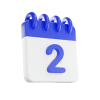 3d rendering calendar icon with a day of 2. Blue and white color. png