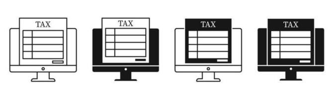 Tax online form on computer. Set of flat badge vector