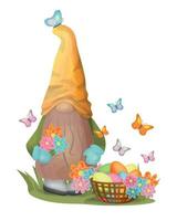 Pascua de Resurrección gnomo con un cesta de huevos en un antecedentes de mariposas diseño para saludo tarjeta, camiseta, tarjeta postal taza, impresión. vector