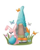 Easter gnome with bunny on background of butterflies. Design for Easter card, print. vector