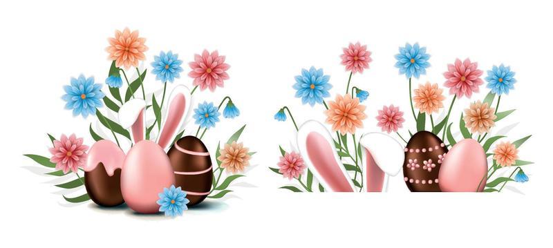 Easter eggs, hidden Bunny in flowers. Design elements for greeting cards, prints, banners, etc.