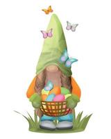 Spring gnome with a basket of Easter eggs and flying butterflies. Design for greeting card, t-shirt, postcard mug, print. vector