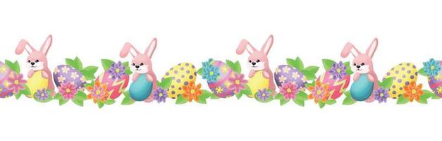 Seamless border with cute bunnies and Easter eggs against a background of leaves, flowers, and butterflies. Eggs in pink, yellow and blue. vector