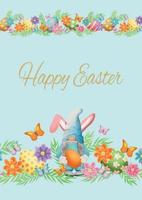 Greeting Card with spring gnome, Easter eggs and leaves, flowers, butterflies. vector