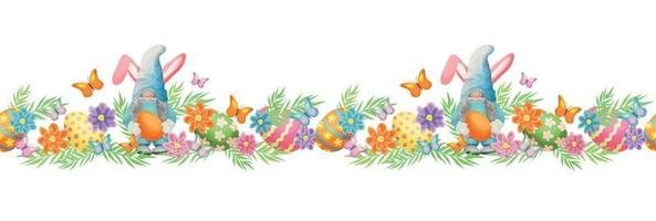 Seamless border with gnomes with bunny ears and Easter eggs on a background of leaves, flowers and butterflies. Designs for cards, banners, fabrics, etc. vector