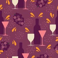 Elegant seamless pattern with wine bottles and glasses, grape and abstract elements in violet color. vector