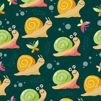 Bright seamless pattern with  colourful cute snails and butterfies. Vector design for kids clothes.