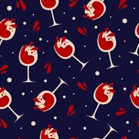 Bright seamless pattern with wine glasses and splashes of red wine. vector