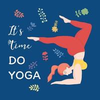 Happy european an oversized woman in yoga position handstand on blue. It's time do yoga. Sports and health body positive concept for postcard, yoga classes t-shirt active lifestyle vector