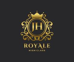 Golden Letter JH template logo Luxury gold letter with crown. Monogram alphabet . Beautiful royal initials letter. vector