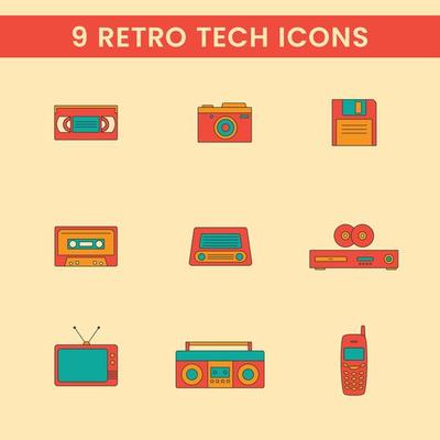 set of 9 retro tech solid colored icons retro vintage 90s 80s icon design