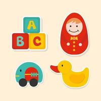 Children Toys cartoon vector icons set. Set of 4 toys stickers. Hand drawn vector illustration.