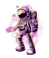 Astronaut and pink splash watercolor, vector isolated on white background. Print for design
