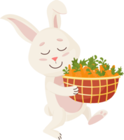 conejito personaje. sentado y riendo divertido, contento Pascua de Resurrección dibujos animados Conejo va con zanahorias cesta.png png