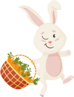 Hase Charakter. Sitzung und Lachen lustig, glücklich Ostern Karikatur Hase geht mit Möhren Korb.png png